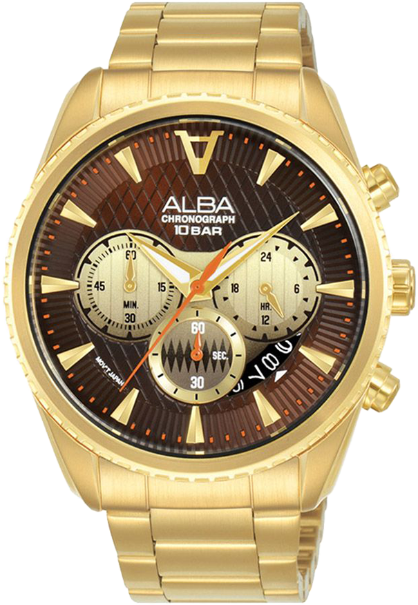 ساعة يد ألبا رجالي فلاجشيب، مينا بني*ذهبي، عقارب، دائرية، سوار ستانلس ستيل ذهبي، مقاومة للماء، ذهبي، AT3J10X1