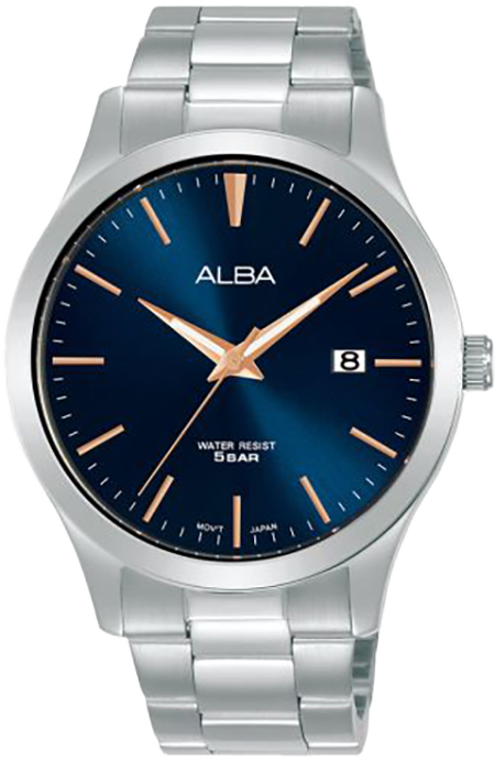 ساعة يد ألبا رجالي استاندرد ، مينا أزرق، عقارب، دائرية، سوار ستانلس ستيل فضي، مقاومة للماء، فضي، AS9M37X1