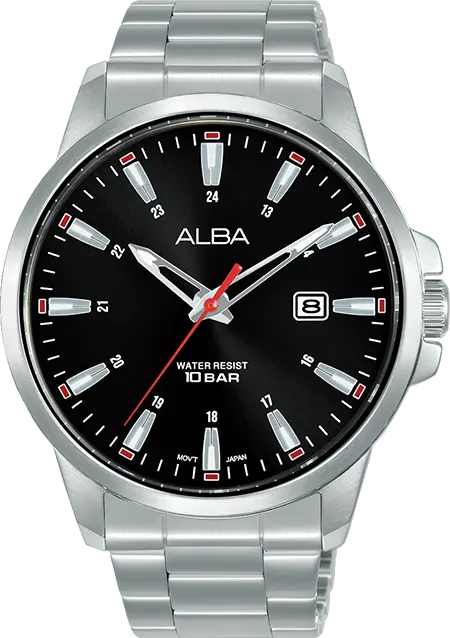 Alba Men's Watch, Black Dial, Analog Display, Silver Stainless Steel Band, Silver, AS9Q57X1