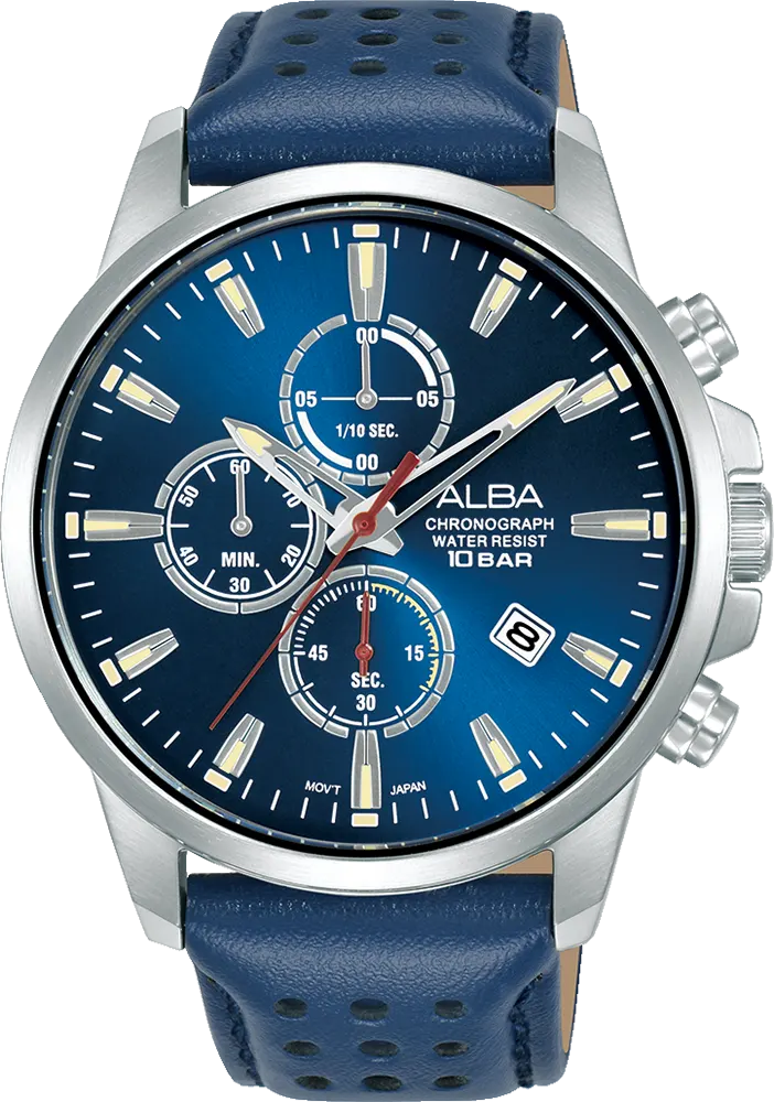 Alba Men's Watch, Blue Dial, Round Hands ,Navy Blue Leather Strap, Analog Wrist Watch, Silver Stainless Steel Case, Am3917X1