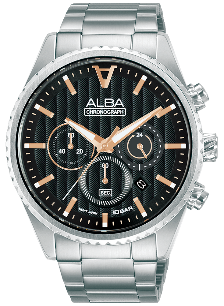 Alba Men's Chronograph Watch, Black Dial, Round Hands, Silver Stainless Steel Band, Analog Wrist Watch, Silver, AT3H81X1