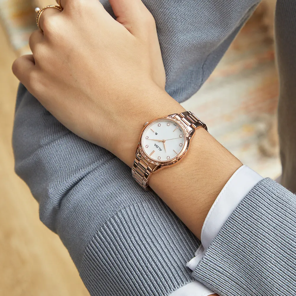 ساعة البا للنساء، مينا ابيض، عقارب دائرية، سوار ستانلس ستيل روز جولد  ساعة يد تناظرية، روز جولد، AH7AP4X1