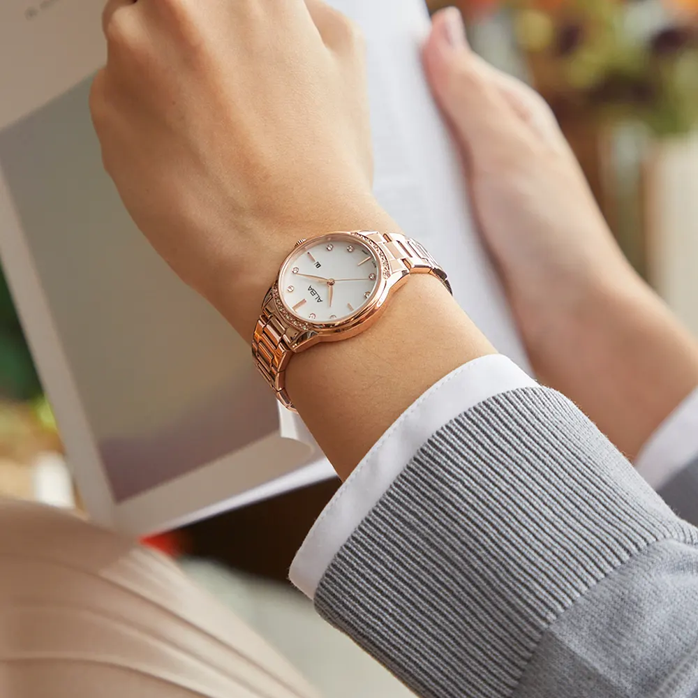 ساعة البا للنساء، مينا ابيض، عقارب دائرية، سوار ستانلس ستيل روز جولد  ساعة يد تناظرية، روز جولد، AH7AP4X1