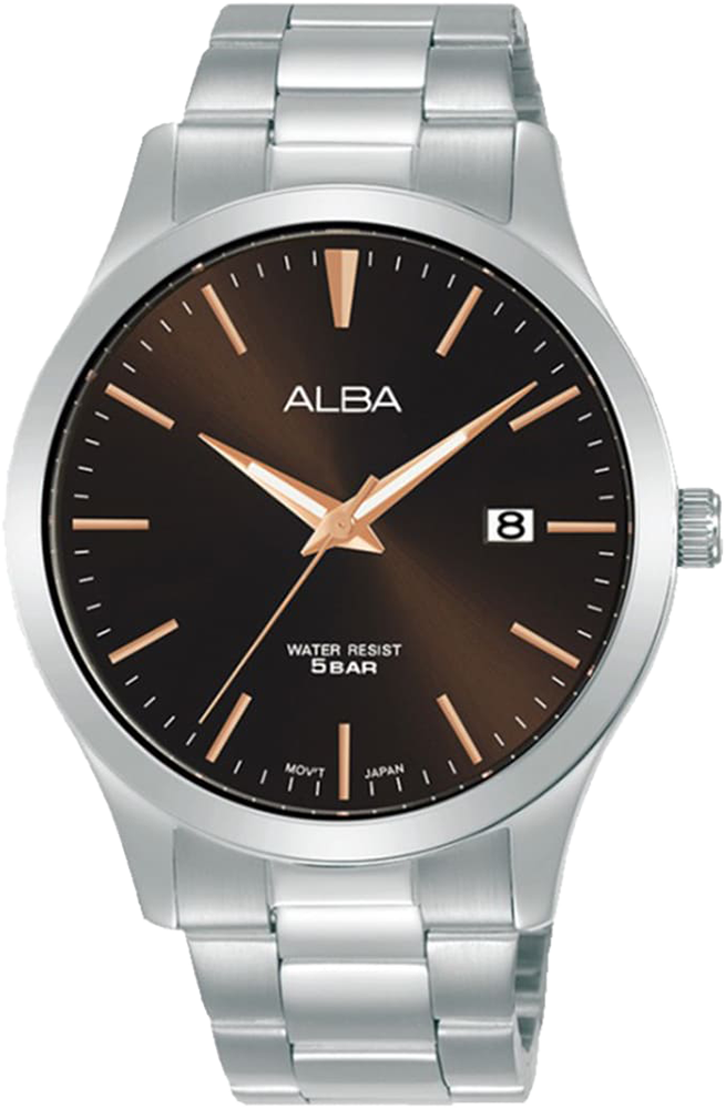 ساعة يد ألبا رجالي استاندرد ، مينا بني، عقارب، دائرية، سوار ستانلس ستيل فضي، مقاومة للماء، فضي، AS9M33X1