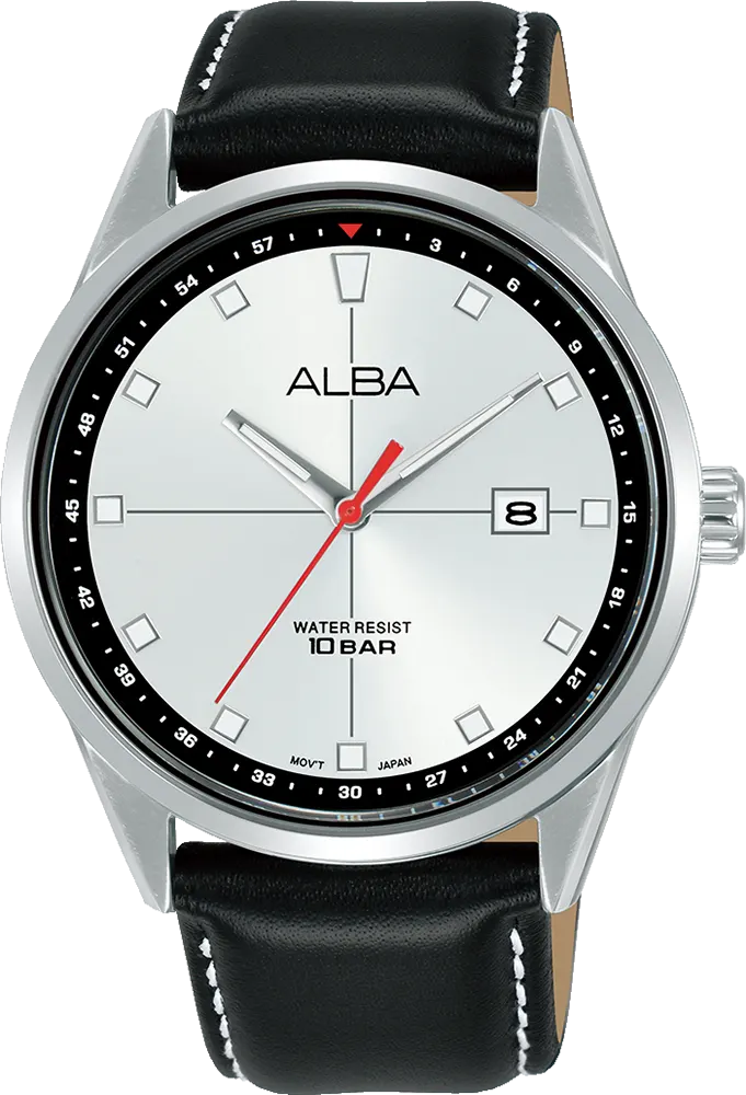 ساعة البا للرجال، مينا فضي ابيض، عقارب دائرية، سوار جلد اسود، ساعة يد تناظرية، اطار ستانلس ستيل فضي، AS9Q35X1