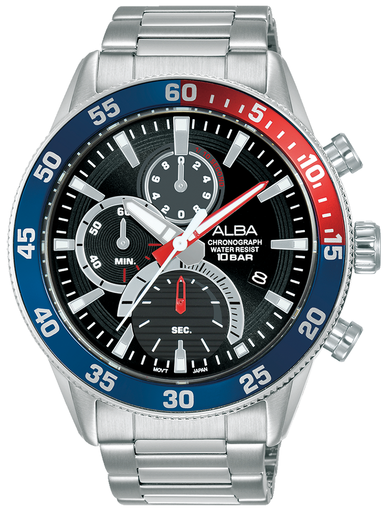 Alba Men's Chronograph Watch, Black Dial, Round Hands, Silver Stainless Steel Band, Analog Wrist Watch, Silver, AM3893X1