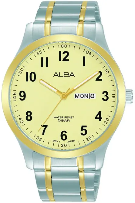 ساعة يد البا للنساء ، ميناء دهبي ، عقارب دائرية ، سوار استانلس ستيل فضي في جولد ، ساعة يد تناظرية ، دهبي  ، AJ6172X1