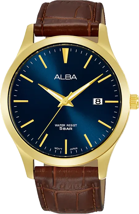 ساعة البا للرجال، مينا ازرق، عقارب دائرية، سوار جلد بني، ساعة يد تناظرية، اطار ستانلس ستيل ذهبي، AS9M38X1