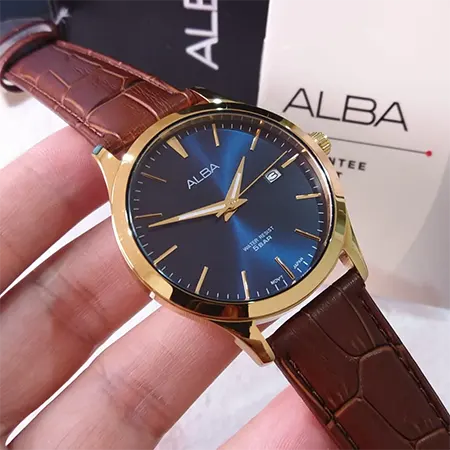 ساعة البا للرجال، مينا ازرق، عقارب دائرية، سوار جلد بني، ساعة يد تناظرية، اطار ستانلس ستيل ذهبي، AS9M38X1