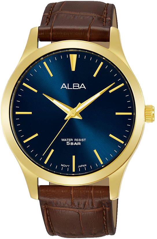 Alba Men's Standard Watch, Blue Dial, Analog Hands, Round, Brown Leather Strap, Water Resistant, Gold Stainless Steel Case, ARSZ08X1