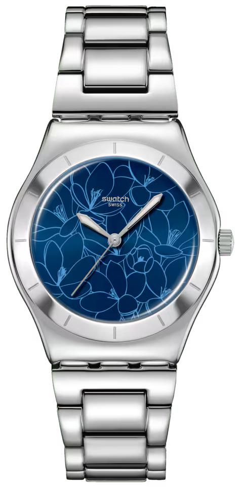 Swatch Women's Watch, Polished Blue Dial, Round Hands, Silver Stainless Steel Band, Analog Wrist Watch, Silver, YLS235G