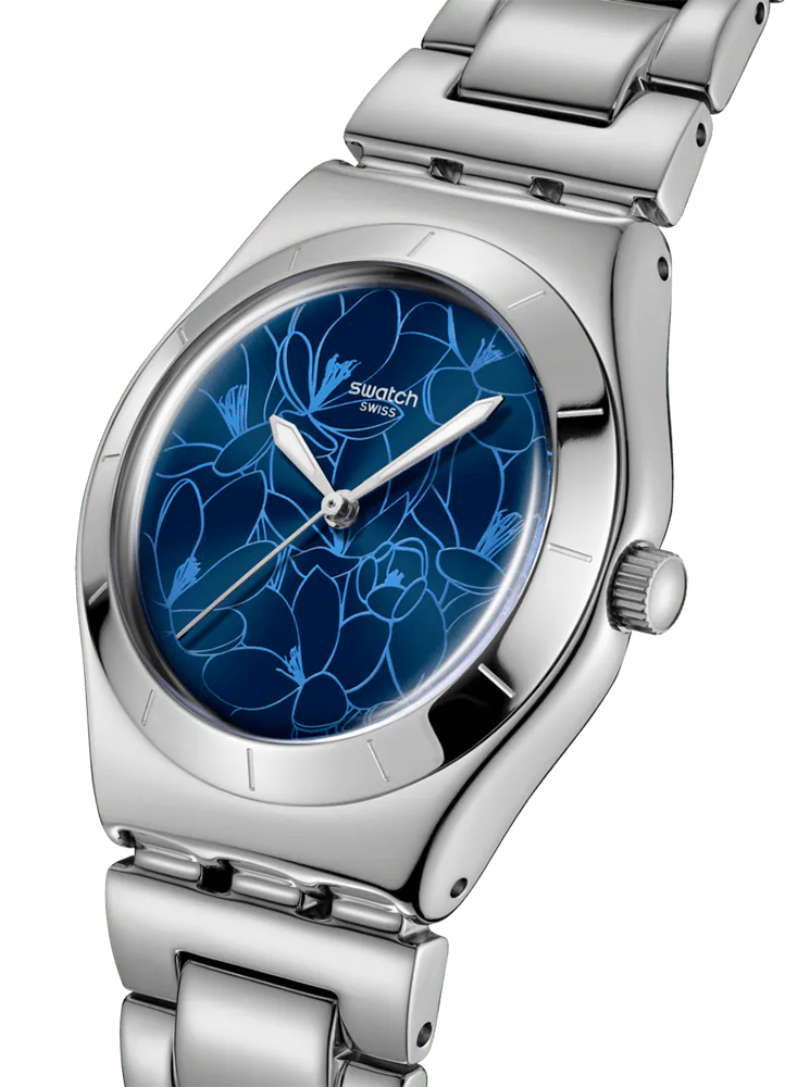 Swatch Women's Watch, Polished Blue Dial, Round Hands, Silver Stainless Steel Band, Analog Wrist Watch, Silver, YLS235G