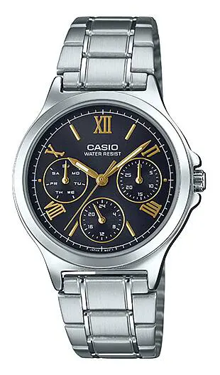 Casio Women's Watch, Stainless Steel Strap, Black Dial, Gold-Tone Hands, LTP-V300D-1A2UDF