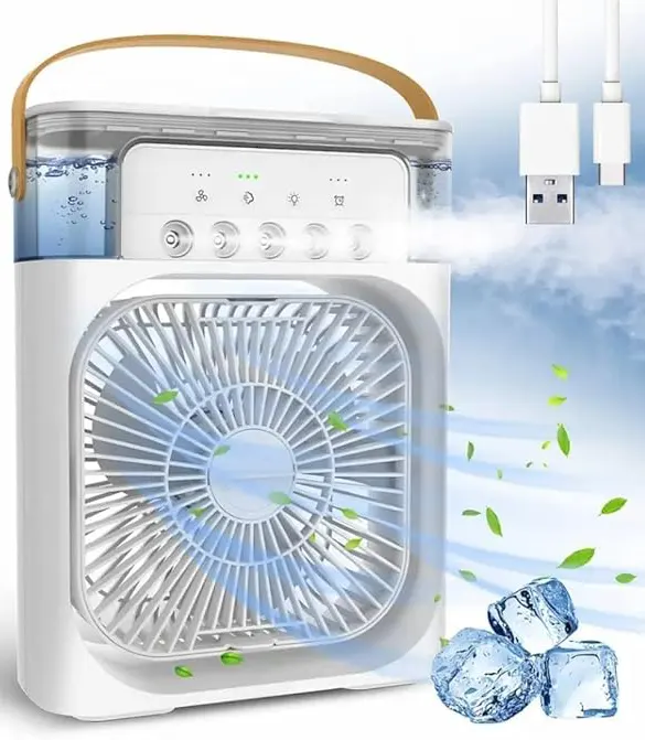 Mini Air Cooler and USB Desk Fan, 7 Color LED Light, Timer, 3 Speeds, 3 Spray Modes