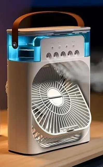 Mini Air Cooler and USB Desk Fan, 7 Color LED Light, Timer, 3 Speeds, 3 Spray Modes