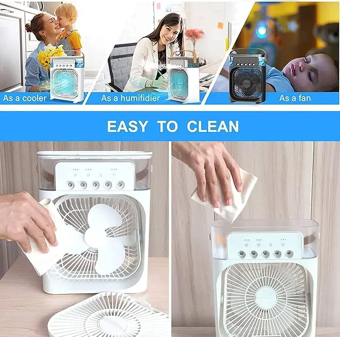 Mini Air Cooler and USB Desk Fan, 7 Color LED Light, Timer, 3 Speeds, 3 Spray Modes