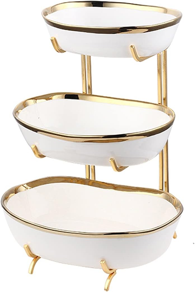 ستاند تقديم فواكة وحلويات هابي ، مكونة من 3 طوابق مع حامل استانلس ، أبيض x ذهبي ، 22 - 25