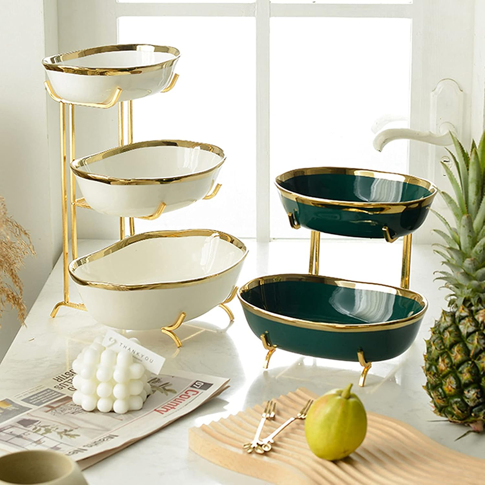 ستاند تقديم فواكة وحلويات هابي ، مكونة من 3 طوابق مع حامل استانلس ، أبيض x ذهبي ، 22 - 25