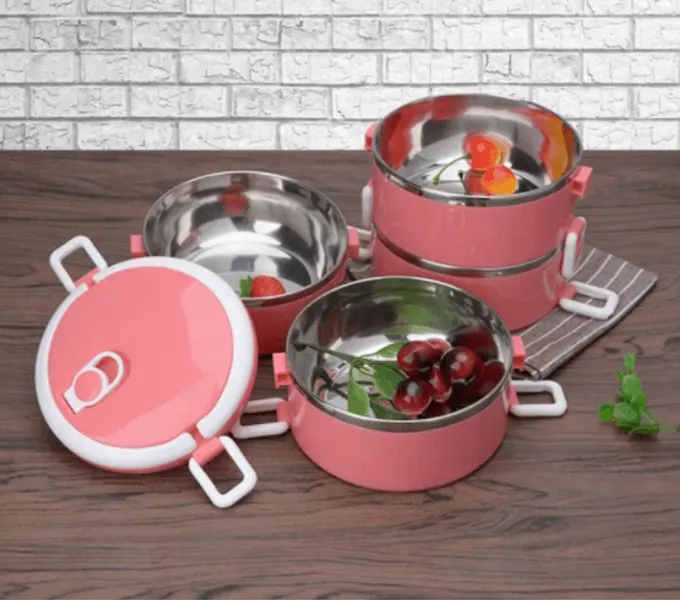 عمود طعام بلاستيك  في ستانلس علبة حمل طعام دائرية  من 4 ادوار بينك، 040