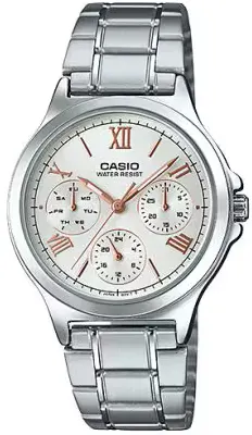 Casio Women's Watch, White Dial, Round Hands, Silver Stainless Steel Band, Analog Wrist Watch, Silver, Ltp-V300D-7A2Udf