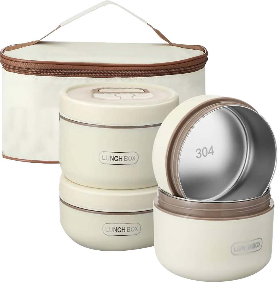 لانش بوكس حراري 4 قطع مع شنطة حفظ حرارية، لون بيج