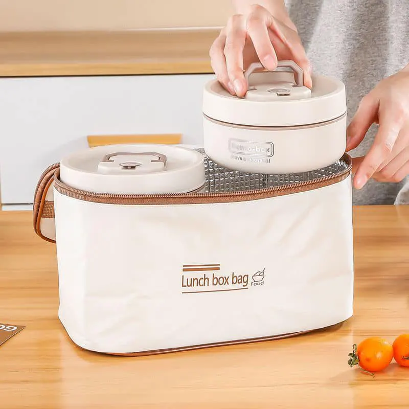 لانش بوكس حراري 4 قطع مع شنطة حفظ حرارية، لون بيج