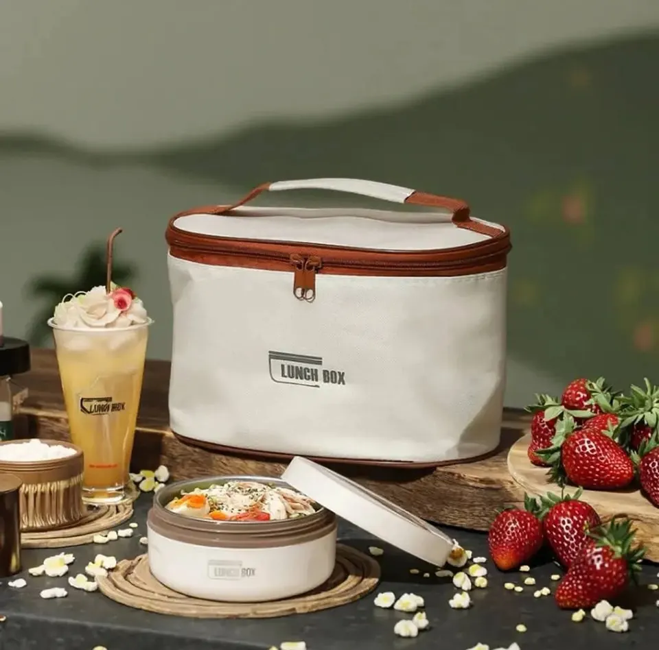 لانش بوكس حراري 4 قطع مع شنطة حفظ حرارية، لون بيج