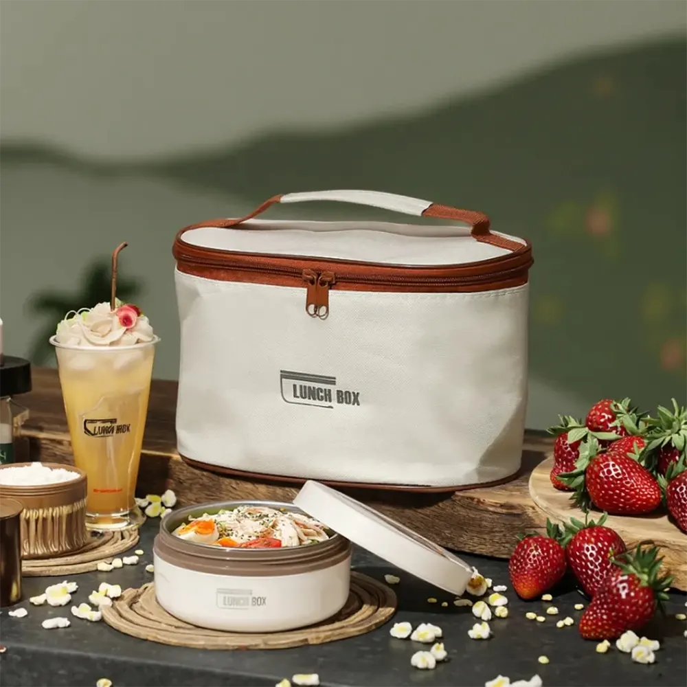 لانش بوكس حراري 4 قطع مع شنطة حفظ حرارية، لون بيج