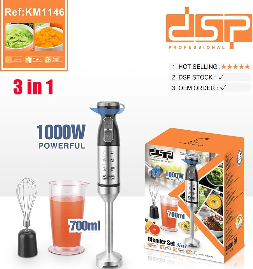 DSP Hand Blender, 1000 Watt, 700 ml cup, egg beater, stainless, KM1146