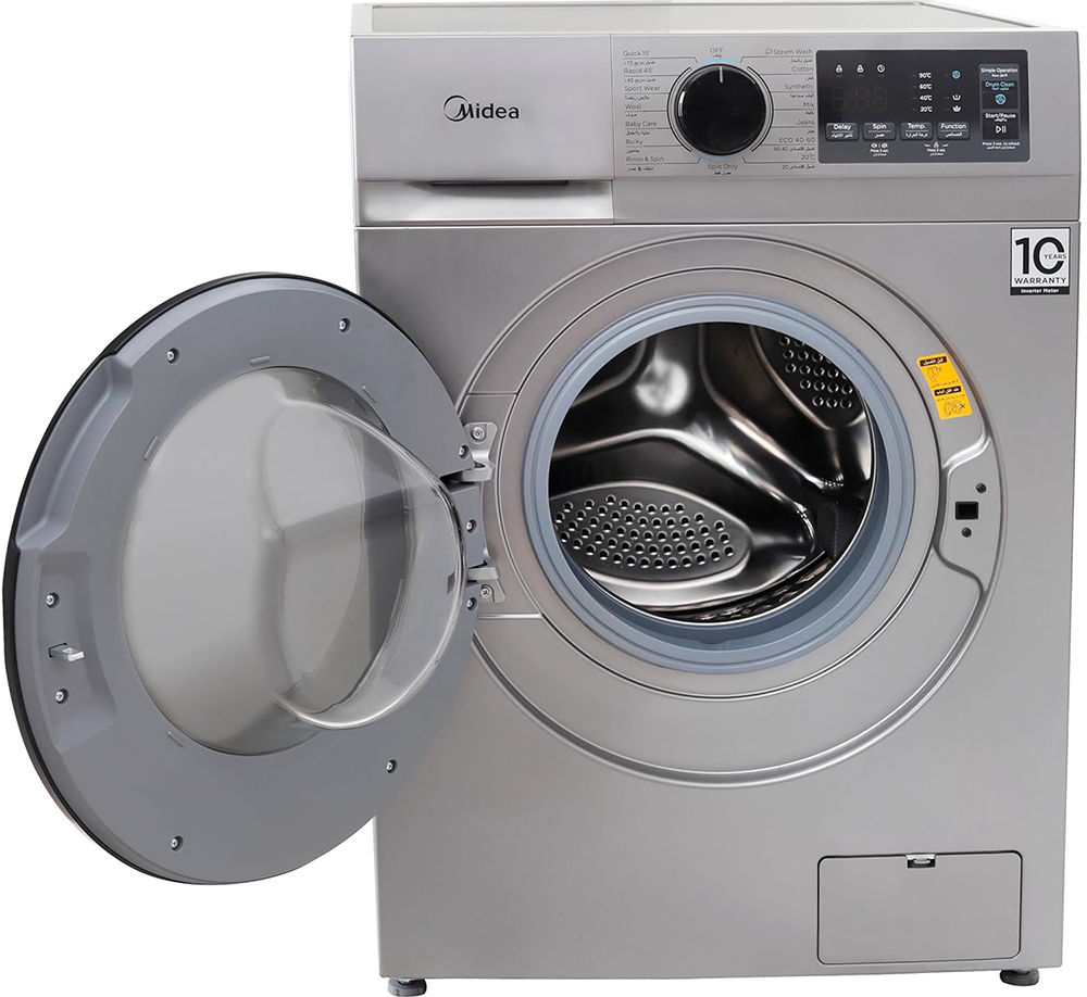 Midea Full Automatic Washing Machine, Front Load, 8 Kg, 1400 RPM, Digital Screen, Inverter , Steam Feature , Silver, MFN09W80B-S (Miraco Warranty 19111)