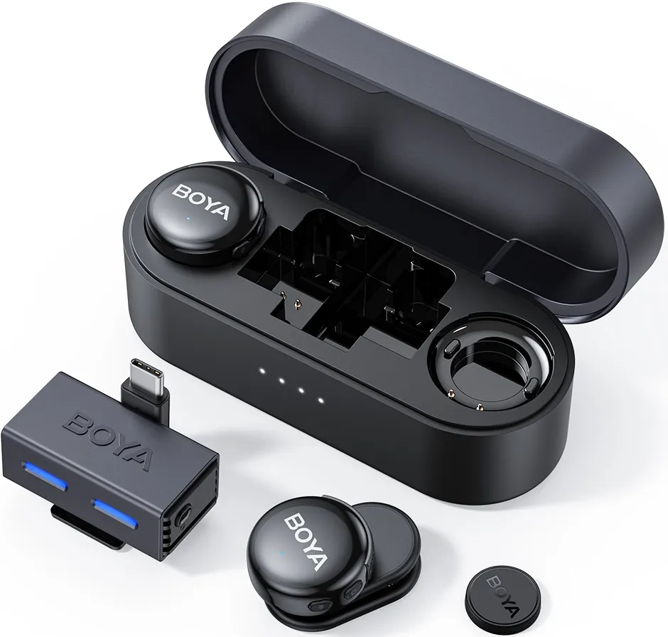 BOYA LINK 3 Wireless Microphone, Dual-Channel Receiver, AI Noise Cancellation, 2.4GHz Frequency, 3.5mm and Type-C Connector, Black