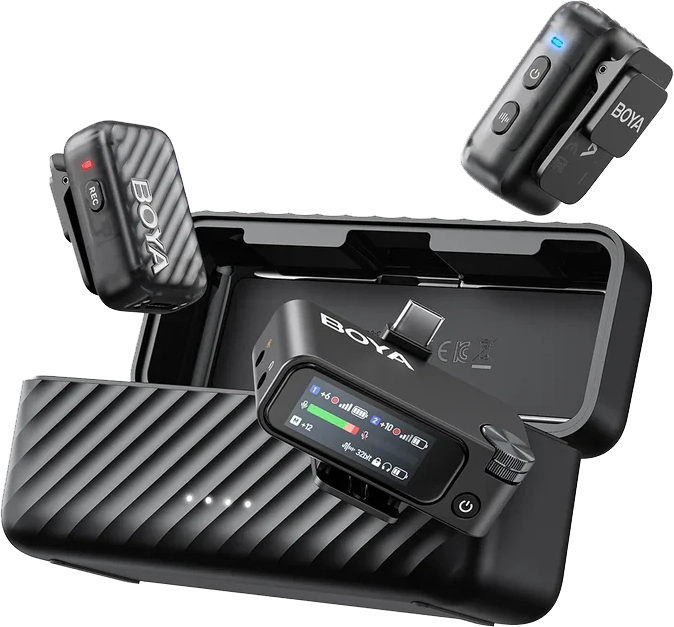 BOYA MICROPHONE 2 Wireless Microphone, Digital Display, AI Noise Cancellation, 2.4GHz Frequency, 8GB Internal Storage, Black