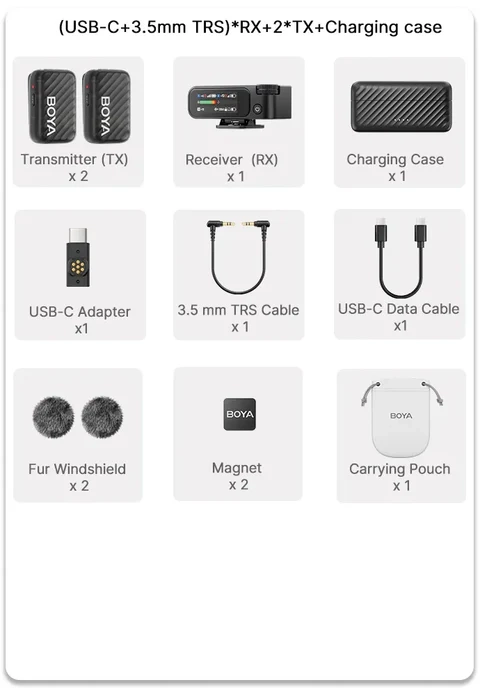 BOYA MICROPHONE 2 Wireless Microphone, Digital Display, AI Noise Cancellation, 2.4GHz Frequency, 8GB Internal Storage, Black