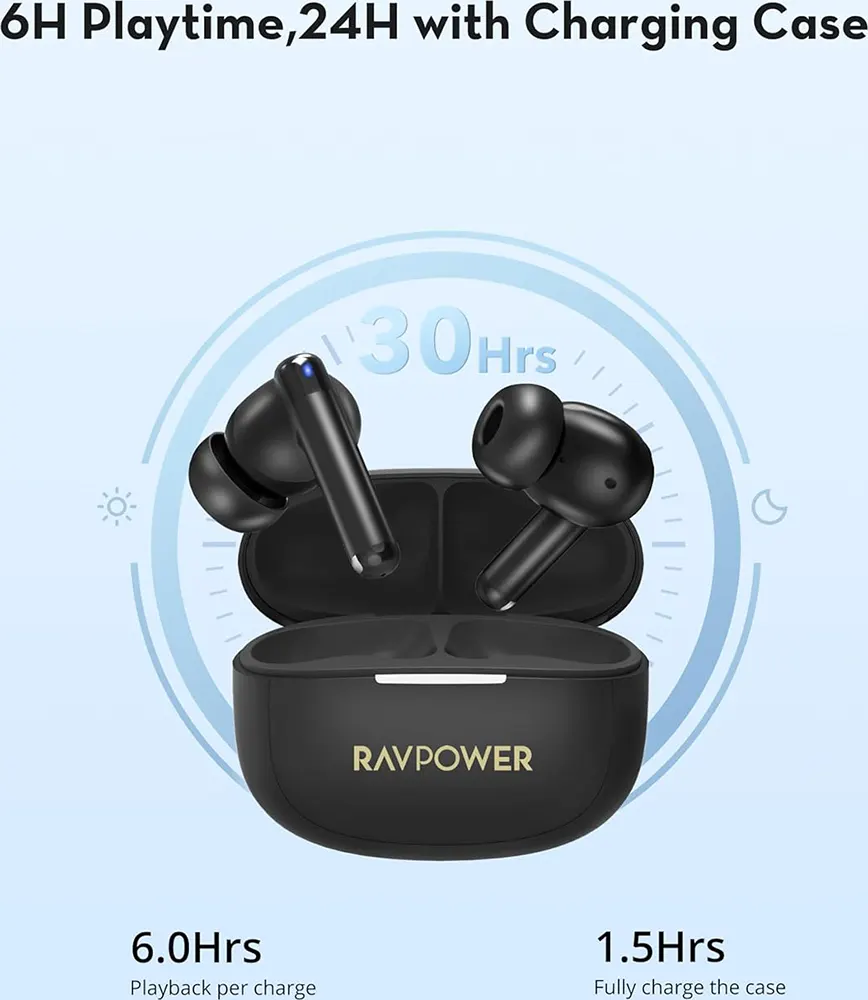 Ravepower True Wireless Earbuds, Bluetooth ,  Up To 24Hrs Battery, Dual Microphone With ENC, Black, RP-BH1014