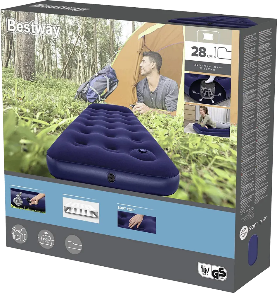 مرتبة نفخ هوائية فردية من بيست واي، مزودة بمنفاخ قدم مدمج، ارتفاع 28 سم، أزرق ،67223