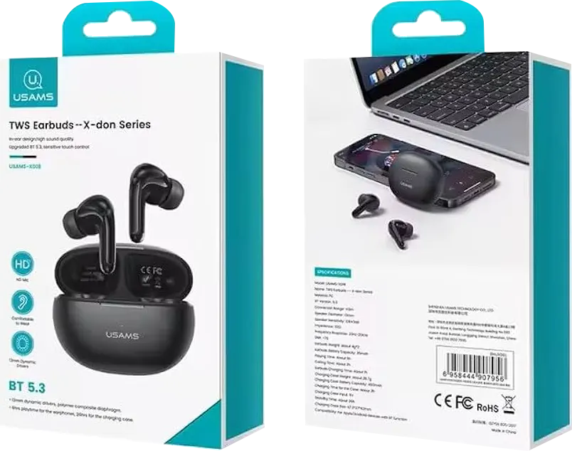 سماعات أذن يوسامز X-don XD18، بلوتوث 5.3، بطارية 400 مللي أمبير-ساعة تدوم حتى 26 ساعة، أسود، BHUXD01