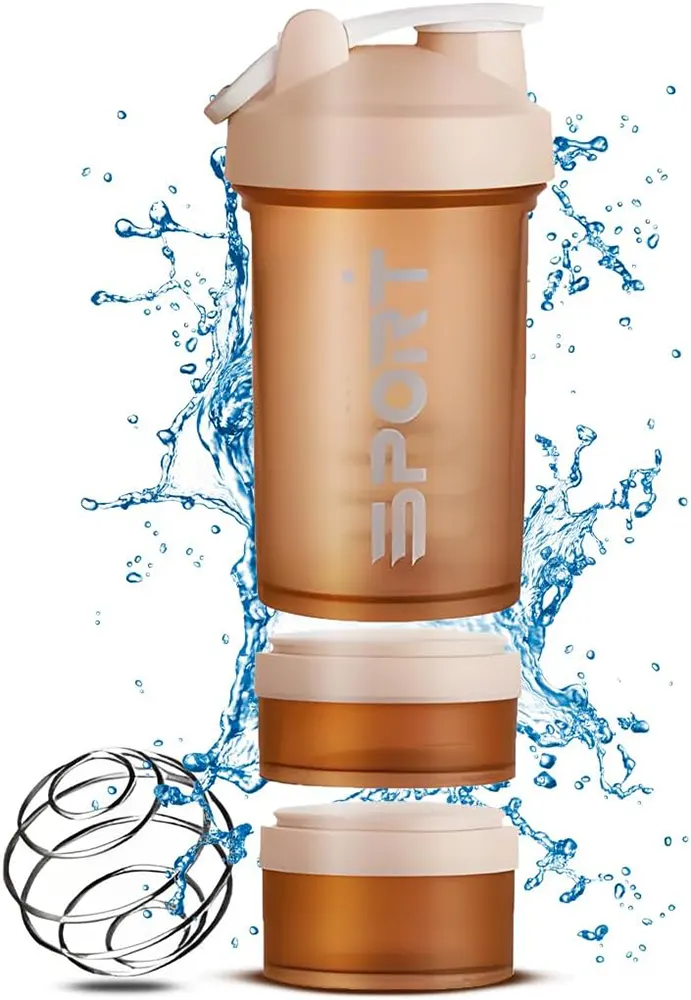 Sports Water Bottle with Pill and Supplement Organizer, 450ml, 3-Layer Removable Lid, Leak-Proof Cap, Plastic, 4275