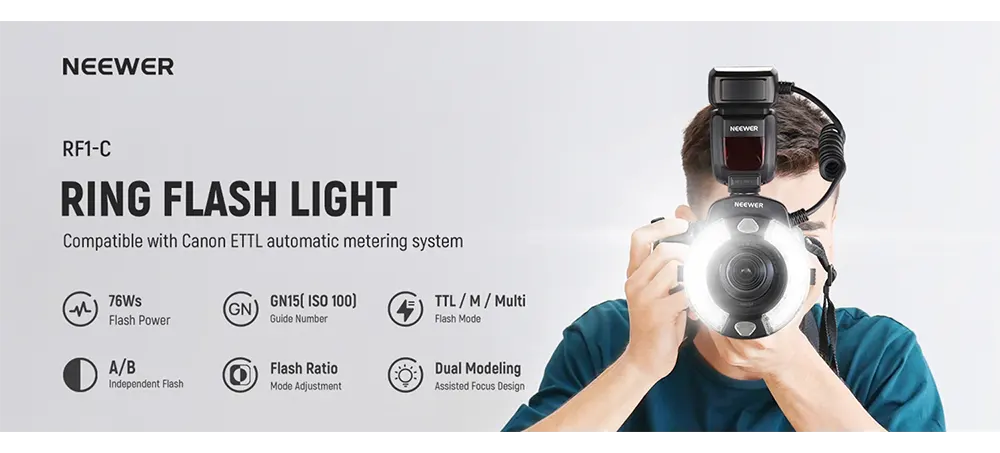 Neewer Macro Ring Flash, 76W, 5600K, LED, GN15, Compatible with Canon Cameras, RF1C