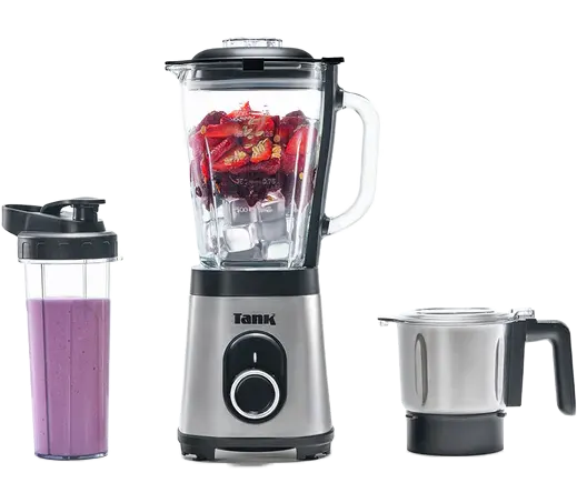 Tank Super Electric Blender, 800W: 1.5L Glass Jug, 500ml Stainless Steel Grinder, 900ml Drinking Bottle, Silver, YB-S62k GR