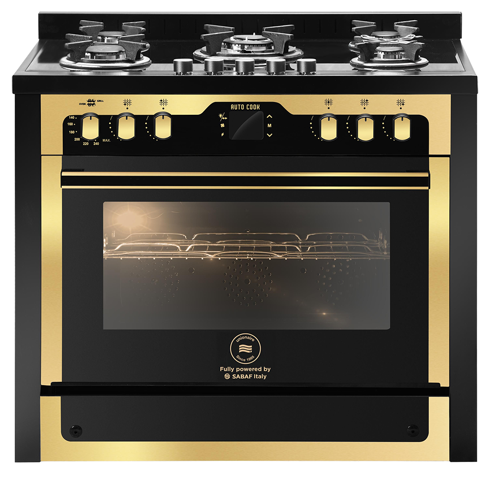 بوتاجاز  يونيون اير  اى شيف جولدن ايديشن ، 60*90 سم ، 5 شعلة ، حوامل زهر ، اوتو كوك ، شاشة ديجيتال ، مروحة فرن ، أسود * ذهبي ، C69GB-1GC-383-ICPS2F-PC-2W-AL
