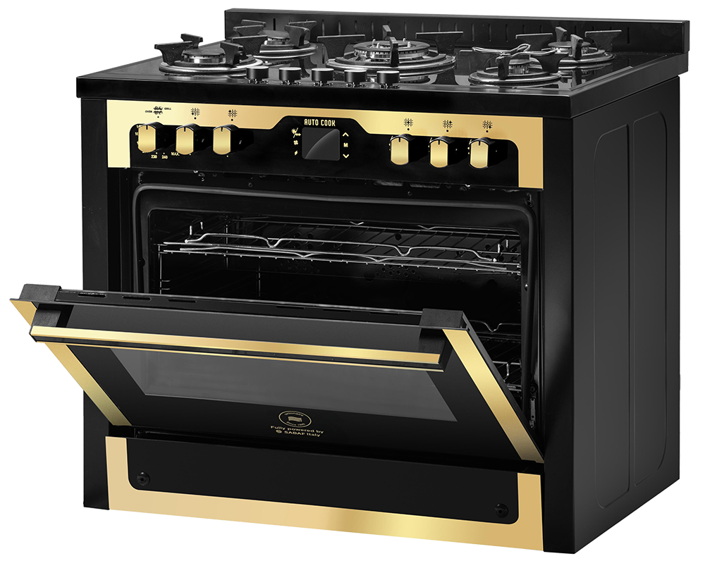 بوتاجاز  يونيون اير  اى شيف جولدن ايديشن ، 60*90 سم ، 5 شعلة ، حوامل زهر ، اوتو كوك ، شاشة ديجيتال ، مروحة فرن ، أسود * ذهبي ، C69GB-1GC-383-ICPS2F-PC-2W-AL