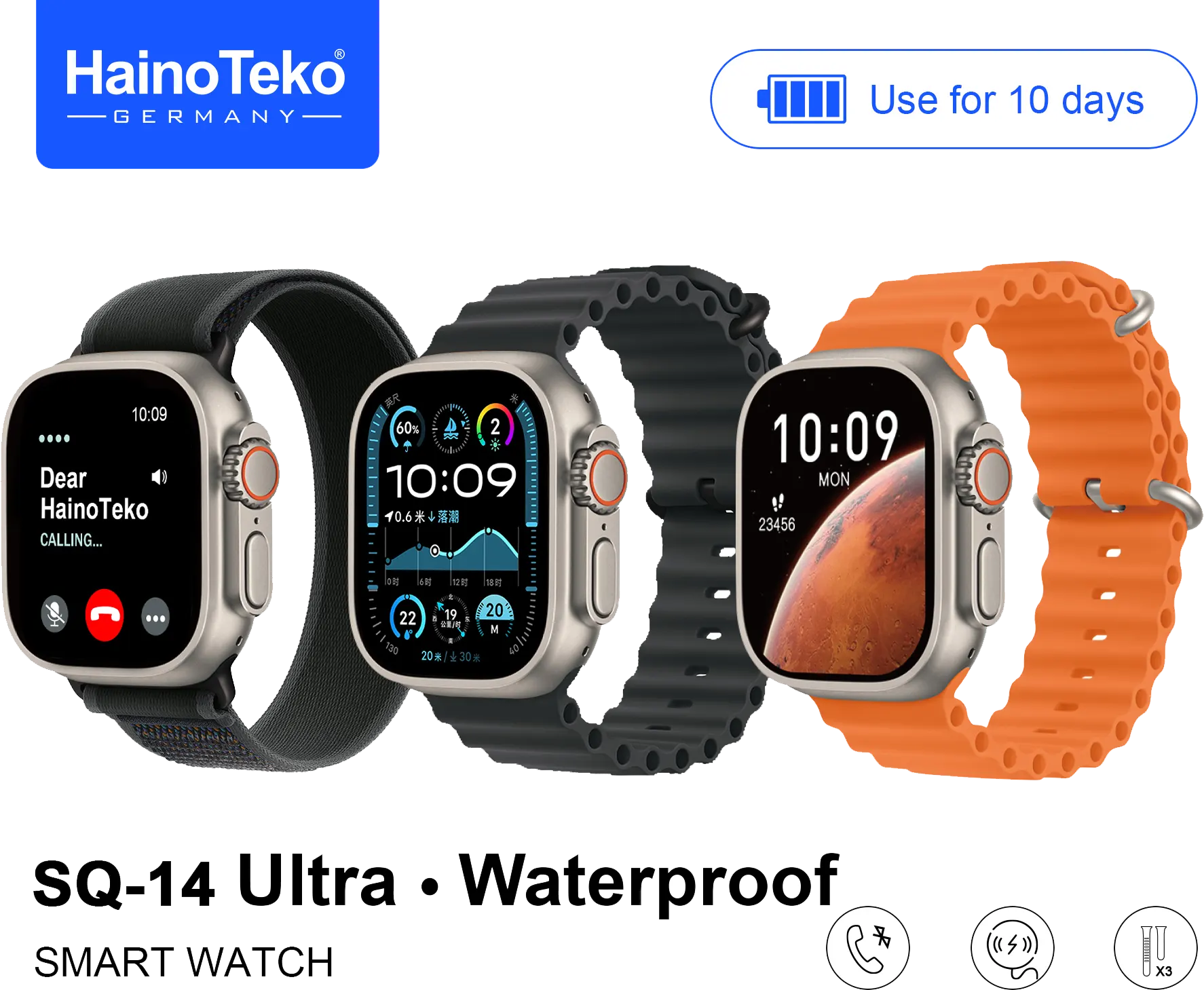 ساعة هاينو تيكو الذكية، شاشة أموليد 49 مم، مقاومة للماء، بطارية تدوم 10 أيام، 3 أستراب، SQ-14 Ultra