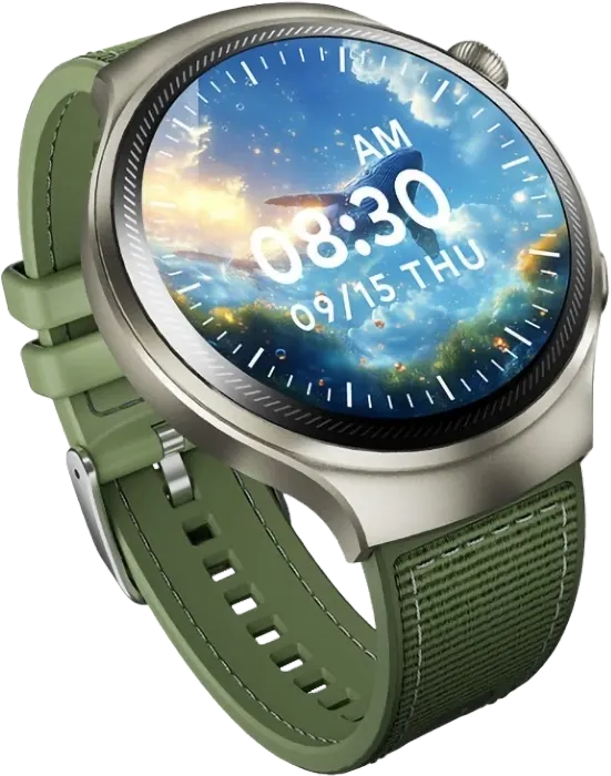 ساعة ايتل كلايمبر ون الذكية، شاشة لمس 1.43 بوصة، بلوتوث 5.3، مقاومة للماء، بطارية 300 مللي أمبير، ذهبي لامع بسوار أخضر، ISW-043