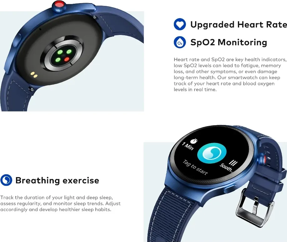 ساعة ايتل كلايمبر ون الذكية، شاشة لمس 1.43 بوصة، بلوتوث 5.3، مقاومة للماء، بطارية 300 مللي أمبير، أزرق هادئ، ISW-043