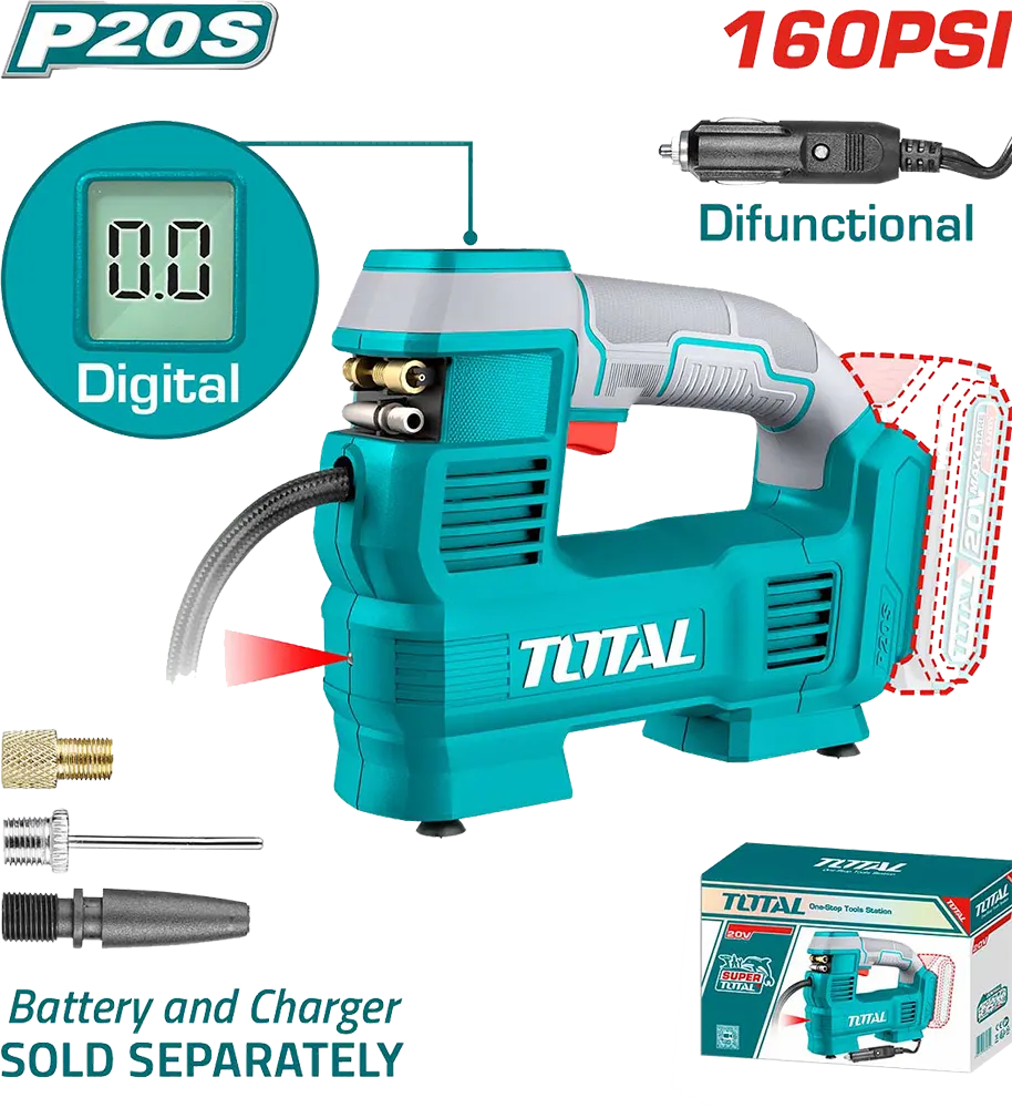 Total Tools Digital Tire Air Compressor, 20V, 11 Bar, 160 PSI, LED Light, TACLI2012