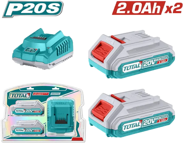 Total Tools Battery Set, 2 Lithium-Ion Batteries and Charger, 2 Amp, 20V, TFBCPK-1222