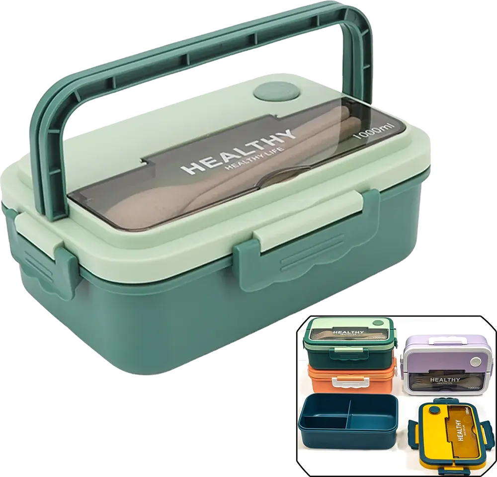 Healthy Lunch Box 1 Liter, with Fork and Spoon, Multicolor, Model 865