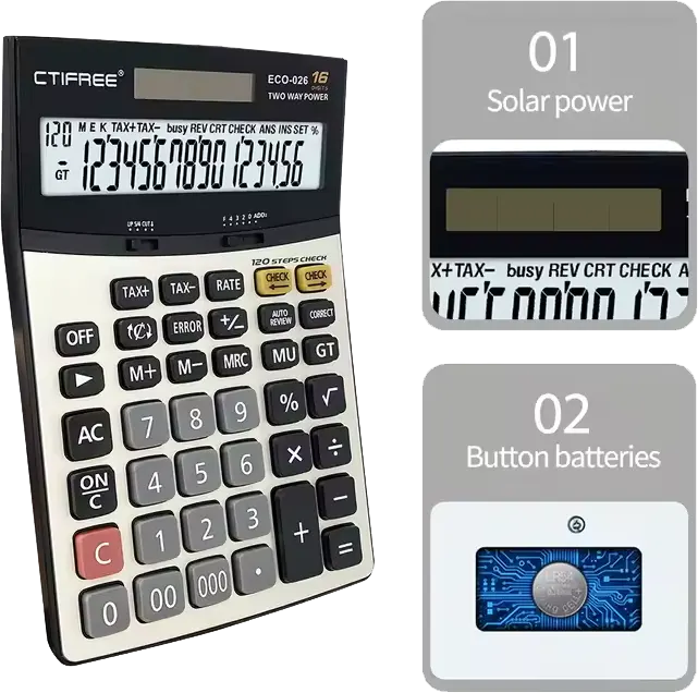 CTIFree Desktop Calculator, 16 Digits, Solar Cell, White*Black, ECO-026