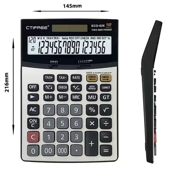 CTIFree Desktop Calculator, 16 Digits, Solar Cell, White*Black, ECO-026