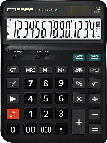 CTIFree Desktop Calculator, 14 Digits, Solar Cell, Ergonomic Buttons, Black, UL-140E-BK